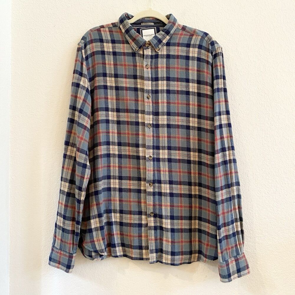 Denim & Flower  Mens Size XL Flannel Button-Down Shirt Teal Plaid  100%‎ Cotton